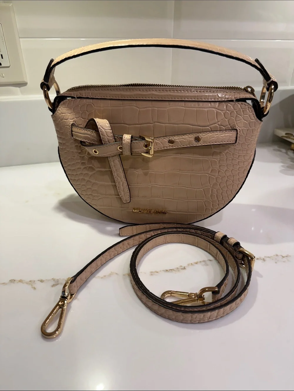 Michael Kors Croc-Embossed Mini Shoulder Bag in Beige with Gold Hardware